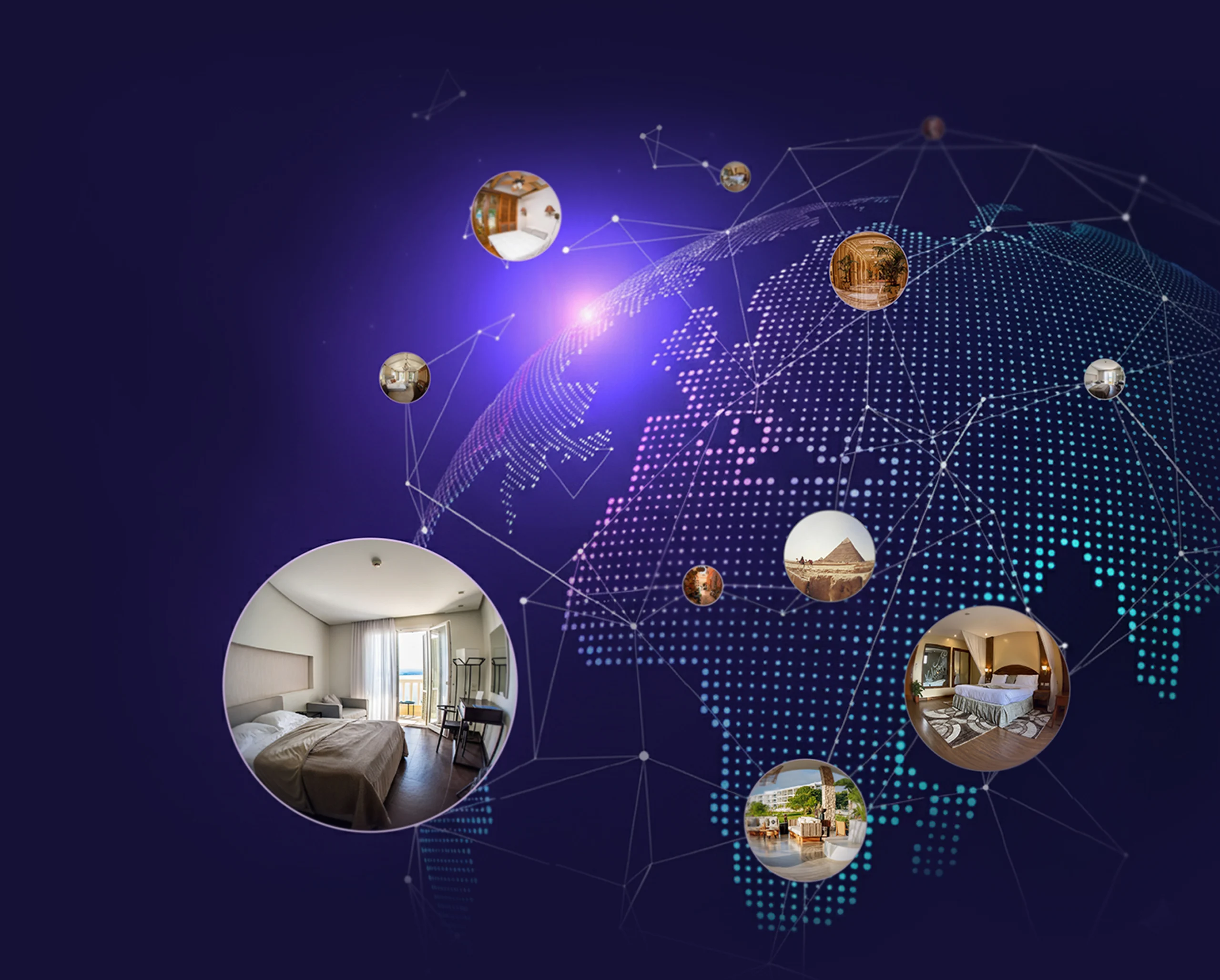 Global network of virtual hotel tours and travel experiences visualized on a digital dotted globe with connected nodes, featuring immersive previews of hotel rooms, resorts, and attractions across different countries