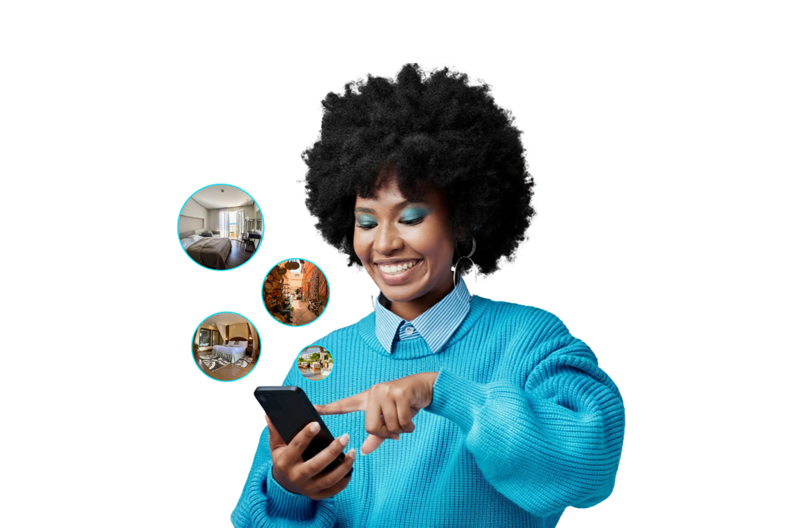 Smiling woman using a smartphone with floating circular previews of hotel rooms, resorts, and travel destinations, representing virtual hotel tours, immersive previews, and global travel experiences.